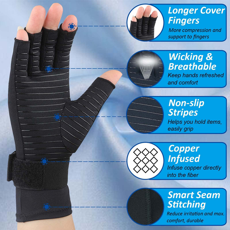 2 Pairs Copper Arthritis Gloves, Fingerless Compression Gloves For Men And Women, Arthritis Pain Relief For Carpal Tunnel, Rsi, Tendinitis, Hand Pain Typing Gaming Knitted Gloves (S/M) - NewNest Australia