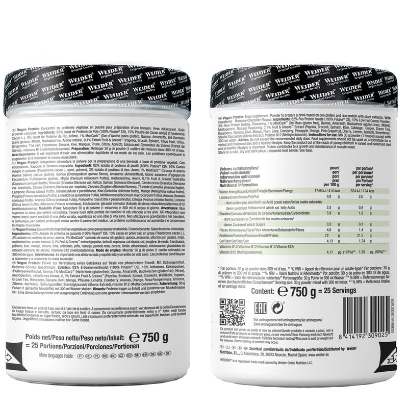 Weider Vegan Protein, Brownie Chocolate, Vegan Protein Powder With Pea & Rice Protein, With Fruit & Vegetable Extracts, No Artificial Sweeteners, No Added Sugar, Gluten-Free, 750G (25 Servings) - NewNest Australia
