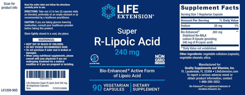 Life Extension Super R Lipoic Acid 240mg, 90 Capsules, Vegetarian 90 Count (Pack of 1) - NewNest Australia