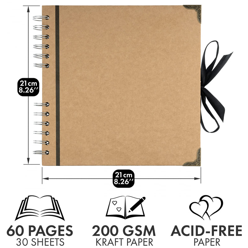 Bstorify Scrapbook Album 60 Pages (8 x 8 inch) Brown Thick 200gsm Kraft Paper, Corner Protectors - Scrap Book, Ribbon Closure - Ideal for Your Scrapbooking Albums, Art & Craft Projects 8 x 8 inches - NewNest Australia