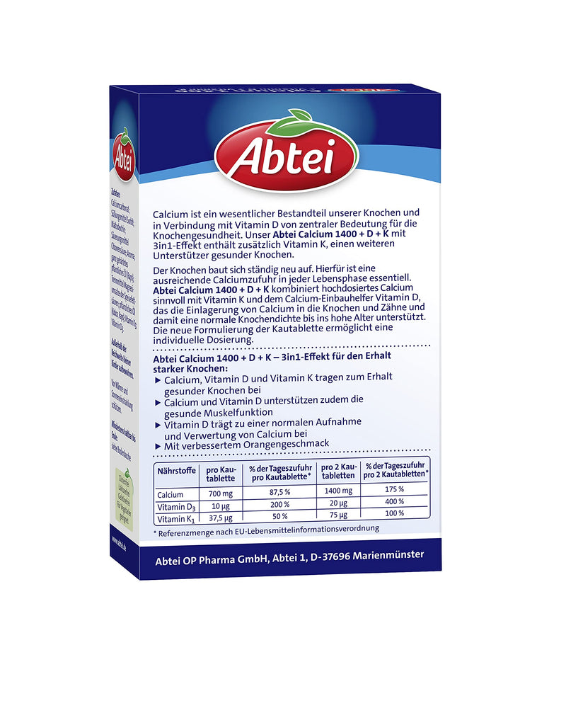 Abtei Calcium 1400 + D + K - High Dose - With Vitamin D And Vitamin K - For Maintaining Healthy Bones And Muscle Function - Orange Flavor, 30 Chewable Tablets - NewNest Australia