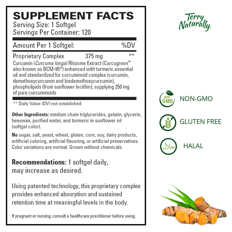 Terry Naturally CuraMed 375 mg - 120 Softgels - Superior Absorption BCM-95 Curcumin Supplement, Promotes Healthy Inflammation Response - Non-GMO, Gluten-Free, Halal - 120 Servings 120 Count (Pack of 1) - NewNest Australia