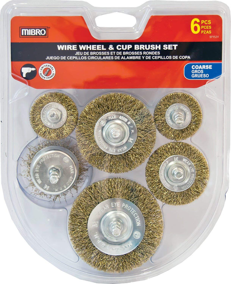 MIBRO 971531 General Purpose Brass Coated Coarse Wire Wheel and Cup Brush Set with 1/4" Hex Shank, 6 Pieces - NewNest Australia