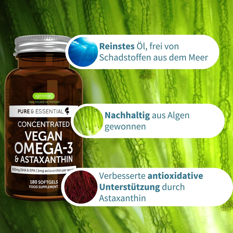 Omega 3 Vegan, algae oil capsules with astaxanthin, highly concentrated 600 mg DHA & EPA, 1344 mg daily dose made from sustainable algae oil & astaxanthin antioxidants, 180 soft capsules, from Igennus Tasteless 180 pieces (pack of 1) - NewNest Australia