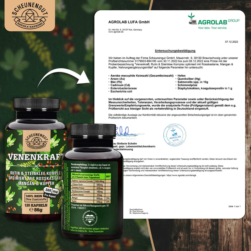 Venenkraft Rutin Stone Clover Capsules High Dose - Important: Laboratory Tested 5-Way Vein Complex With Rutin, Stone Clover, Horse Chestnut Extract, Manganese + Copper I 120 Vein Capsules I From De I Schaunengut - NewNest Australia