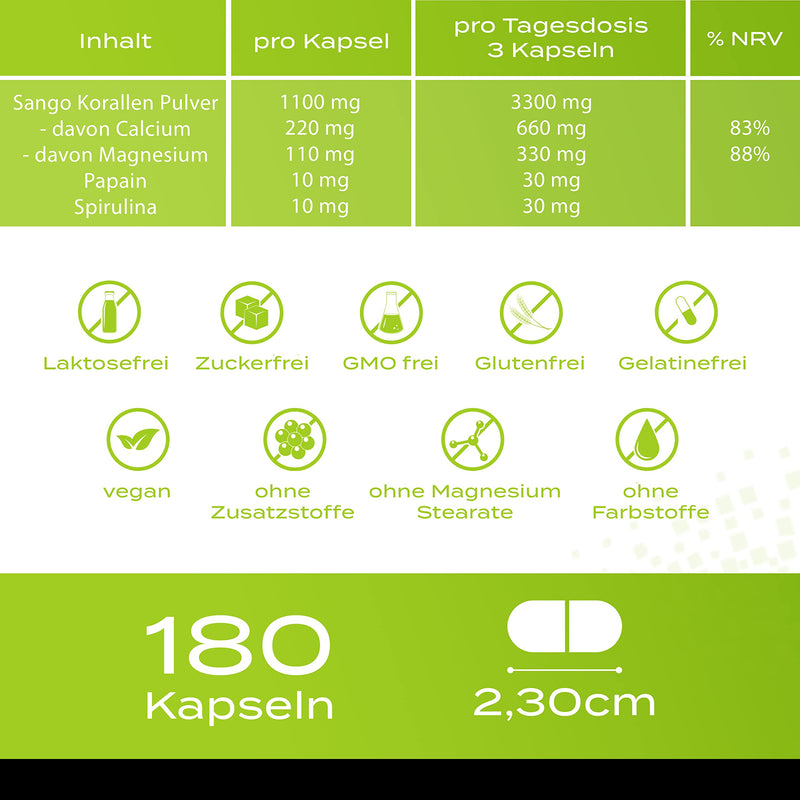 Plusvive Sango Coral 180 capsules - high dose with 1100 mg Sango Coral per capsule - natural calcium and magnesium in a ratio of 2:1 - laboratory tested and vegan single - NewNest Australia