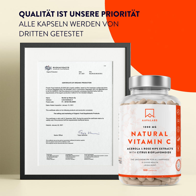 Vitamin C High Dose Vegan - Acerola Vitamin C 1000mg per daily dose (2 capsules) with rose hips and citrus bioflavonoids from orange fruit extract - 180 natural vitamin C capsules - NewNest Australia