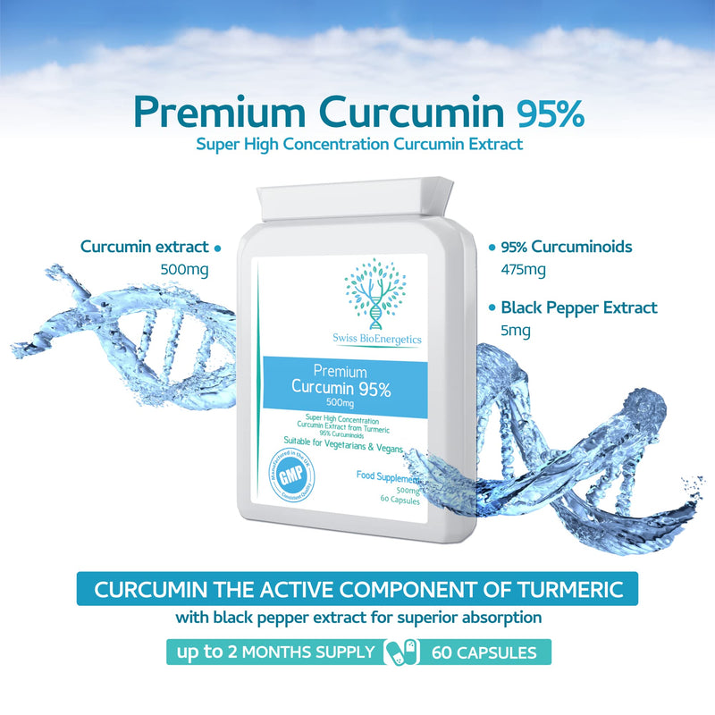 Premium Curcumin 95% with Black Pepper Extract 500mg - 60 Vegan Capsules - Turmeric Extract Minimum 95% Curcuminoids – No Artificial Flow Agents, fillers or Binders - Made in The UK - NewNest Australia