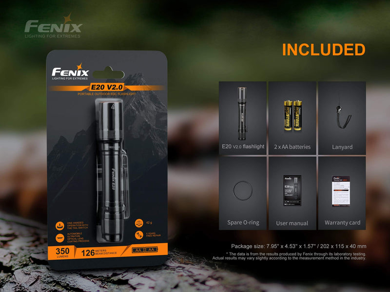 Fenix E20 V2 350 Lumen LED Tactical Flashlight with Two EdisonBright AA Alkaline Batteries - NewNest Australia