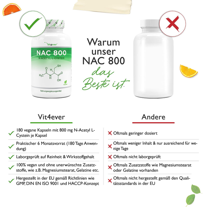 Nac - N-Acetyl L-Cysteine 180 Capsules With 800 Mg Each - 6 Month Supply - Laboratory Tested (Active Ingredient Content & Purity) - Vegan - High Dose - Premium Quality - NewNest Australia