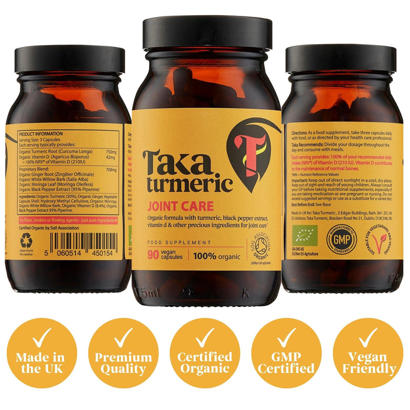 Taka Turmeric Organic Joint Care Supplement - Formulated for Joints, 90 Vegan Capsules Contain Natural Curcumin Content and Piperine for Extra Absorption, 100% Organic with Turmeric Ginger & Vitamin D - NewNest Australia