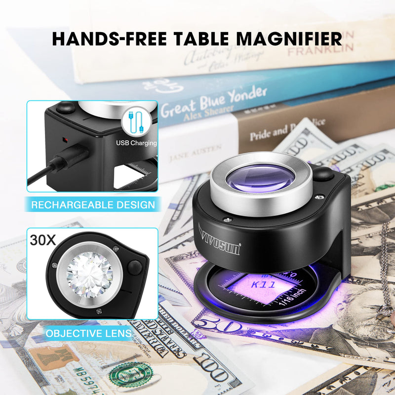 VIVOSUN 30X Rechargeable Loupe Magnifier with White LED Light and Purple Light, Portable Magnifying Glass with Optical Glass Lens&Scale for Jewelry, Textile and Text - NewNest Australia