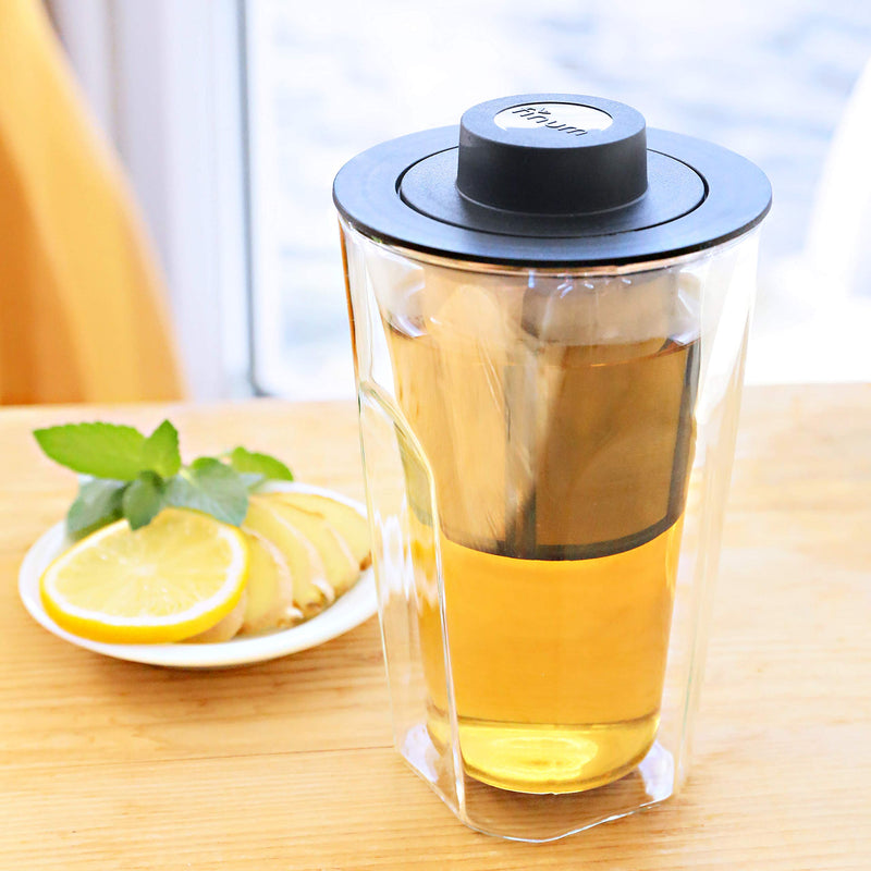 Finum Smart Brew System (320 ml) - Double-Wall Tea Glass with Strainer, Drip-Off Tray & Lid, Heat-Resistant Borosilicate Glass, Stainless-Steel Filters, Thermal Cup, BPA Loose Leaves - Black - NewNest Australia