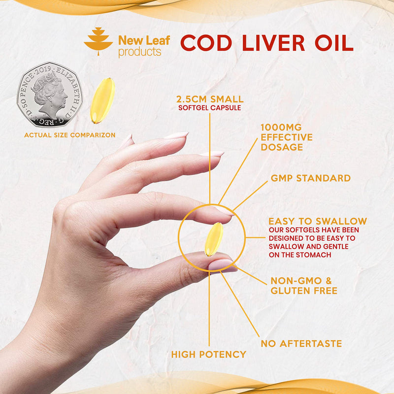 Cod Liver Oil Capsules 1000mg - Rich in Omega 3 EPA DHA Fatty Acids + Vitamins A & D - Helps Maintain Heart & Brain Health - High Strength Fish Oils Gluten-Free, GMP - UK Made, 90 Tablets - NewNest Australia