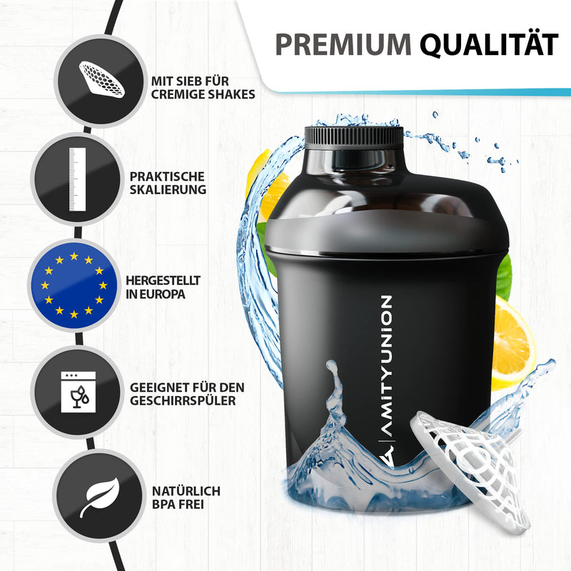 AMITYUNION protein shaker 400 ml with sieve protein shaker - small protein shaker leak-proof - BPA free, with scale for creamy whey protein powder shakes, protein BCAA concentrates in black midnight - NewNest Australia