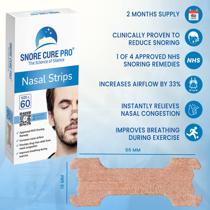 Snore Cure PR0 x60 Large Nasal Strips | Anti Snore Nasal Strips for Snoring | Instantly Relieves Nasal Congestion | Clinically Proven | Drug-Free | Custom Stop Snoring Hypnosis Recording + Ebook - NewNest Australia