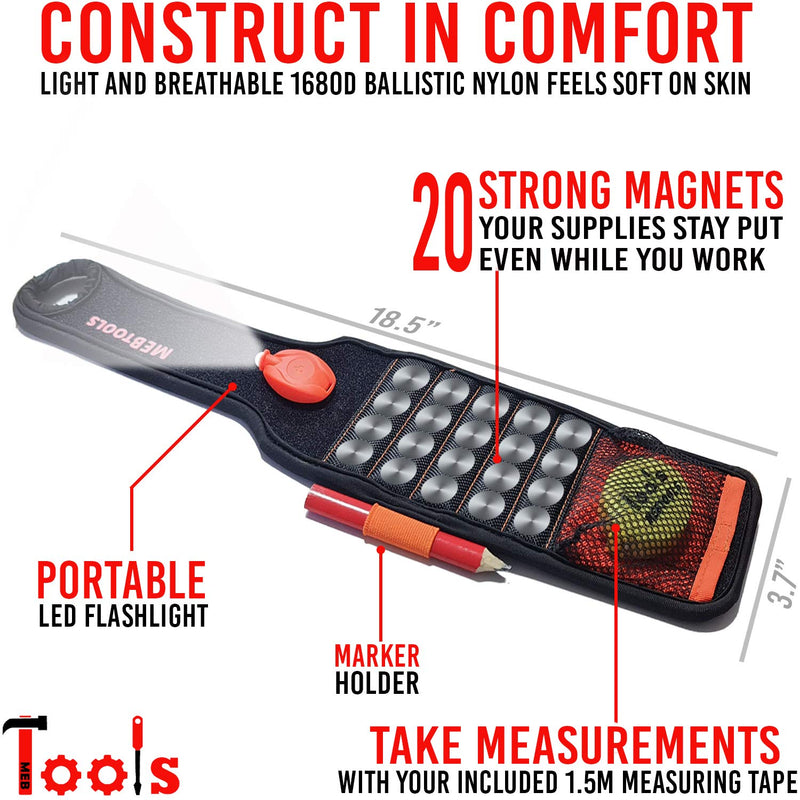 Magnetic Wristband with Flashlight and Tape Measure – Screw, Drill Bit, and Nail Holder with 20 Strong Magnet Pieces Increases Convenience for DIY, Carpenters, Mechanics, and More by MEBTOOLS Adjustable Black - NewNest Australia