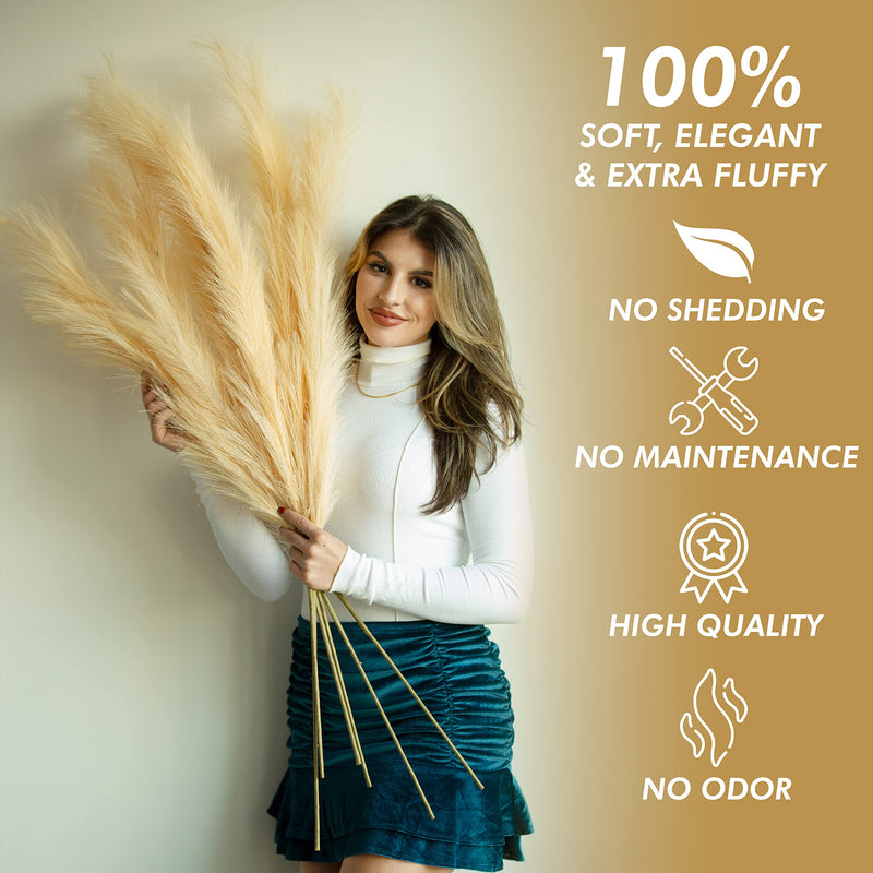 Aurora Prime Faux Pampas Grass Decor Tall Set of 3 Pcs-43 Inches Non Shedding Artificial Pampas Grass Large - Pompas Fluffy Floral Pompous Grass Beige Branches for Vase Home Office Wedding Room Décor - NewNest Australia