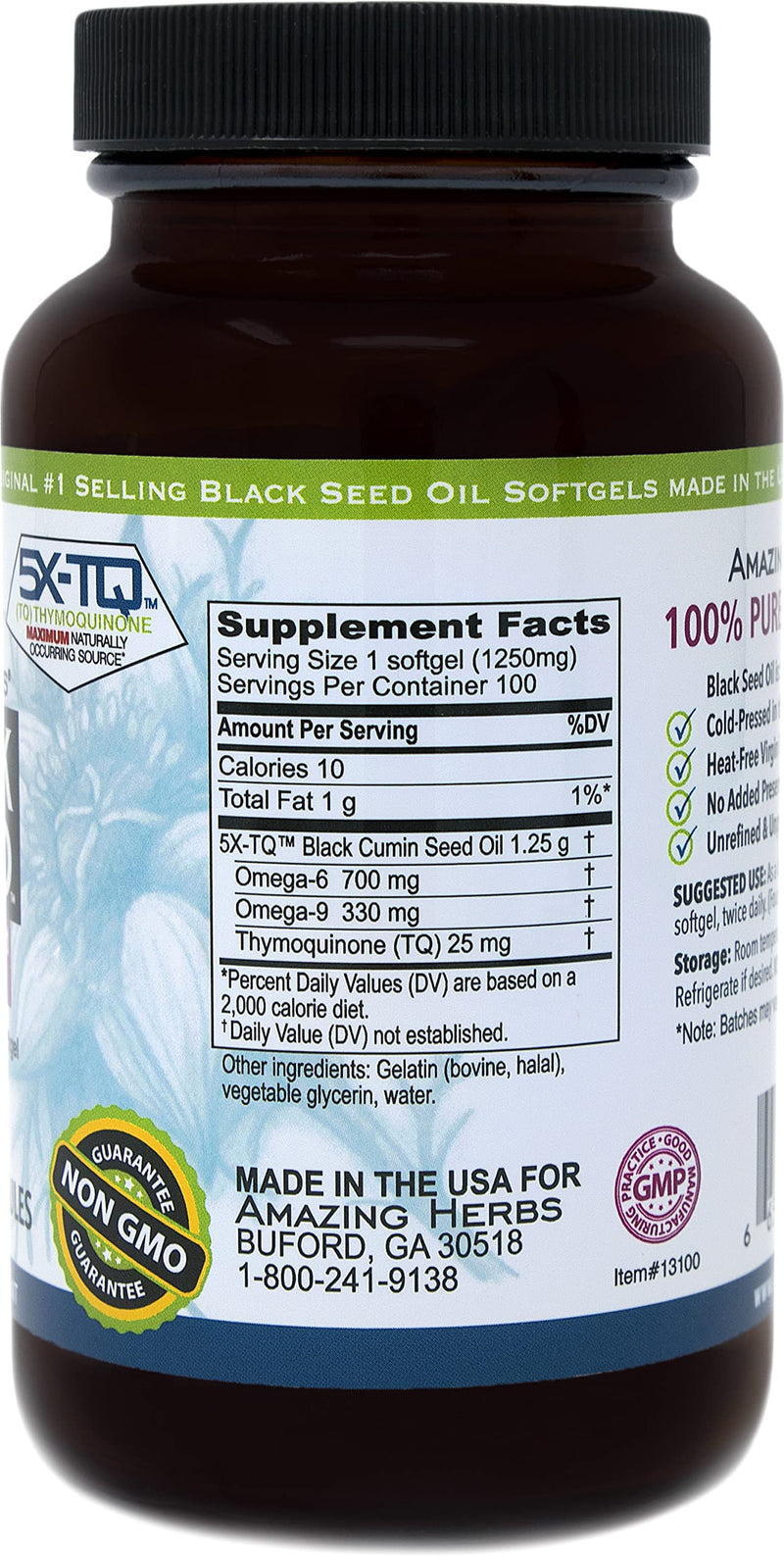 Amazing Herbs Black Seed Oil Pills 1250mg, 100 Softgel Capsules - Cold-Pressed | Non GMO - (Packaging May Vary - New Label Coming Soon) - NewNest Australia