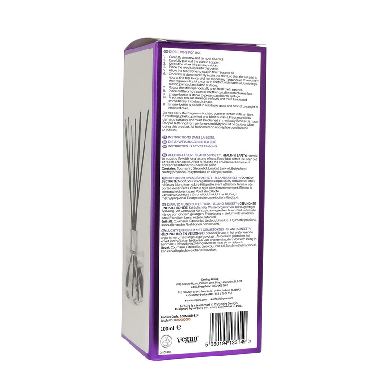 AIRPURE Reed Diffuser, 100ml Oil Set with Sticks, 8X Black Reeds, Continuous Room Scent, Diffusers for Home Use in Living Room, Kitchen or As Bathroom Freshener - Island Sunset Fragrance, 100MLRD-314 - NewNest Australia