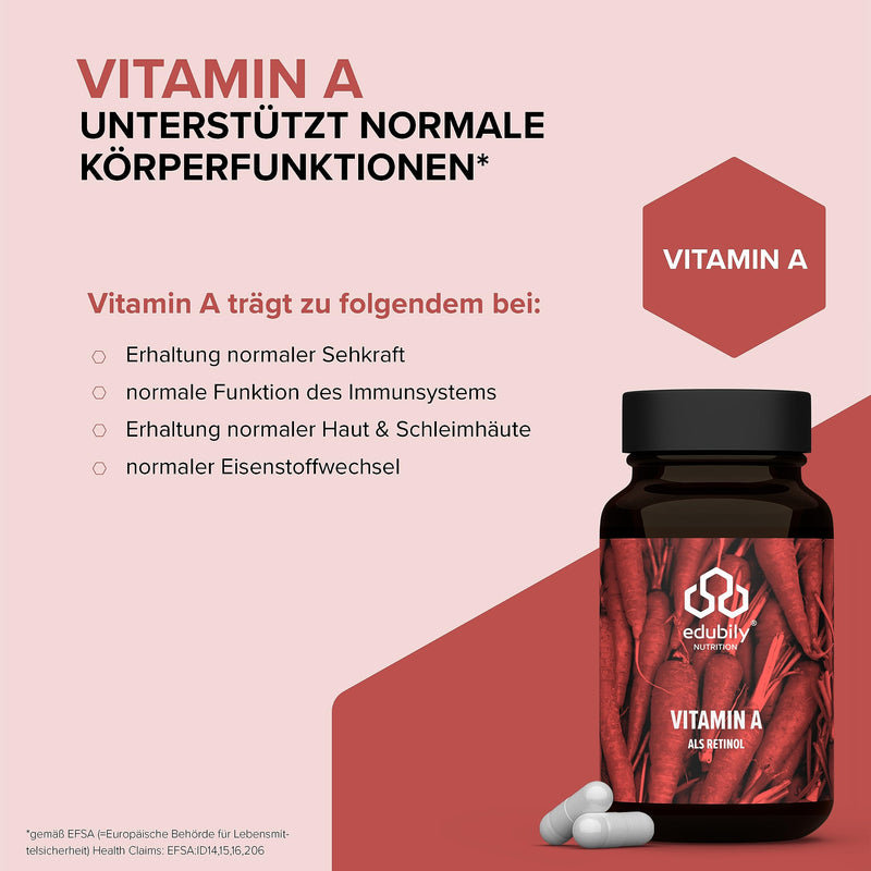 edubily nutrition® Vitamin A capsules as retinol from edubily® • 400 IU retinyl acetate per capsule - 2000 IU per day and capsule • Vegan • 180 capsules - NewNest Australia