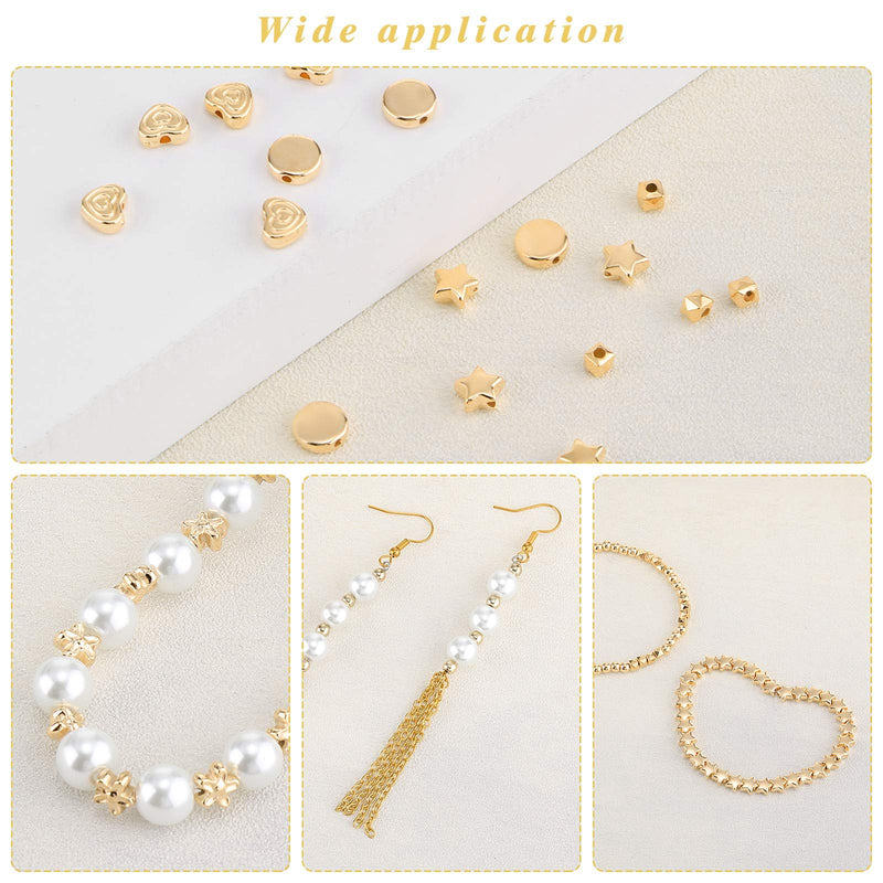 1200 Pieces Spacer Beads Set Star Beads Round Ball Beads Rondelle Faceted Spacer Beads Heart Beads Flower Beads Flat Disc Beads Loose Beads for Bracelet Earring Necklace Jewelry Making (Gold) Gold - NewNest Australia