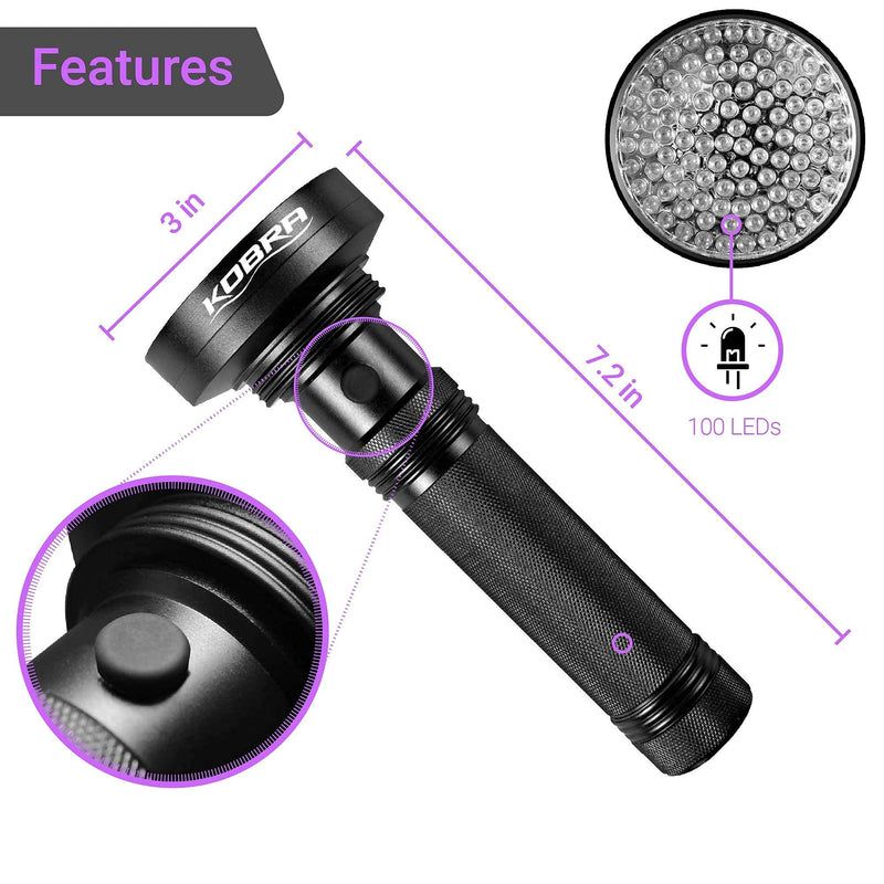 KOBRA UV Black Light Flashlight 100 LED #1 Best UV Light and Blacklight For Home & Hotel Inspection, Pet Urine & Stains - Ultra Intensity 18W 385-395nm LEDs Spot Counterfeit Money, Leaks, Scorpions! - NewNest Australia