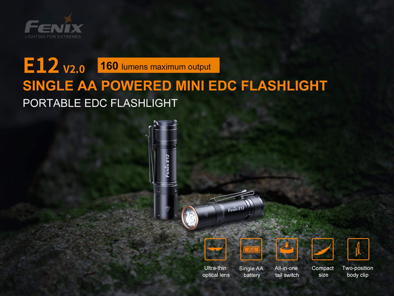 Fenix E12 V2 160 Lumen LED flashlight with EdisonBright AA alkaline battery bundle - NewNest Australia