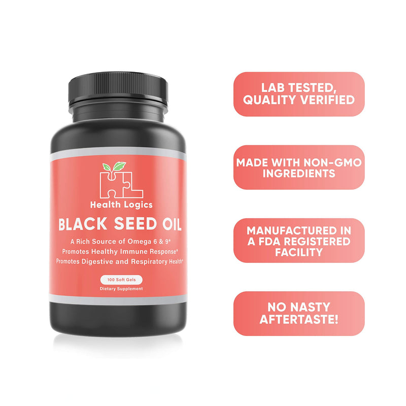 Health Logics Black Seed Oil, Cold Pressed, Rich Source of Omega 6 & 9 Essential Fatty Acids, from Nigella Sativa (100 Soft Gel Capsules) - NewNest Australia