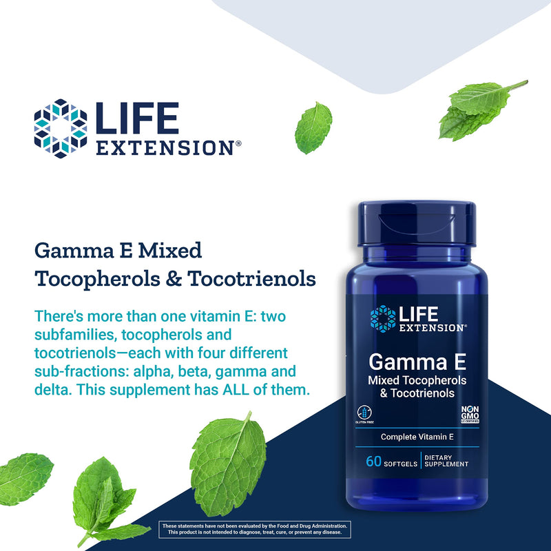 Life Extension Gamma E Mixed Tocopherols & Tocotrienols - Complete Spectrum of Vitamin E for Antioxidant Protection - Gluten-Free, Non-GMO - 60 Softgels 60 Count (Pack of 1) - NewNest Australia