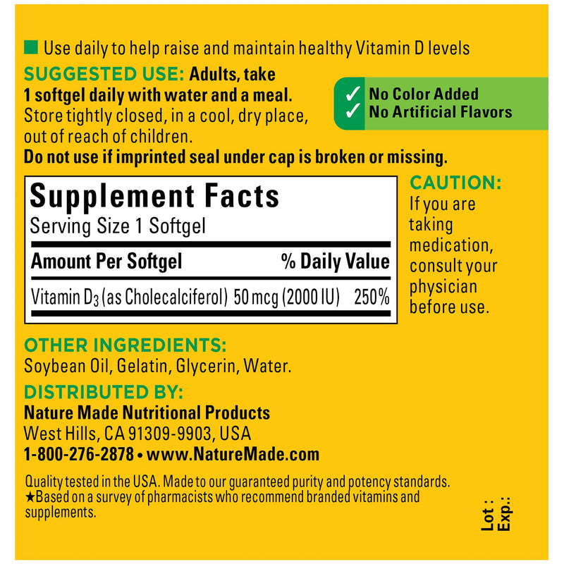 Nature Made Vitamin D3, 90 Softgels, Vitamin D 2000 IU (50 mcg) Helps Support Immune Health, Strong Bones and Teeth, & Muscle Function, 250% of the Daily Value for Vitamin D in One Daily Softgel 90 Count - NewNest Australia
