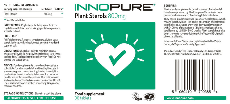 Plant Sterols 180 Tablets, High Strength 800mg Cholesterol Lowering Tablets - Proven Supplement to Lower Cholesterol Levels - Made in The UK by Innopure - NewNest Australia