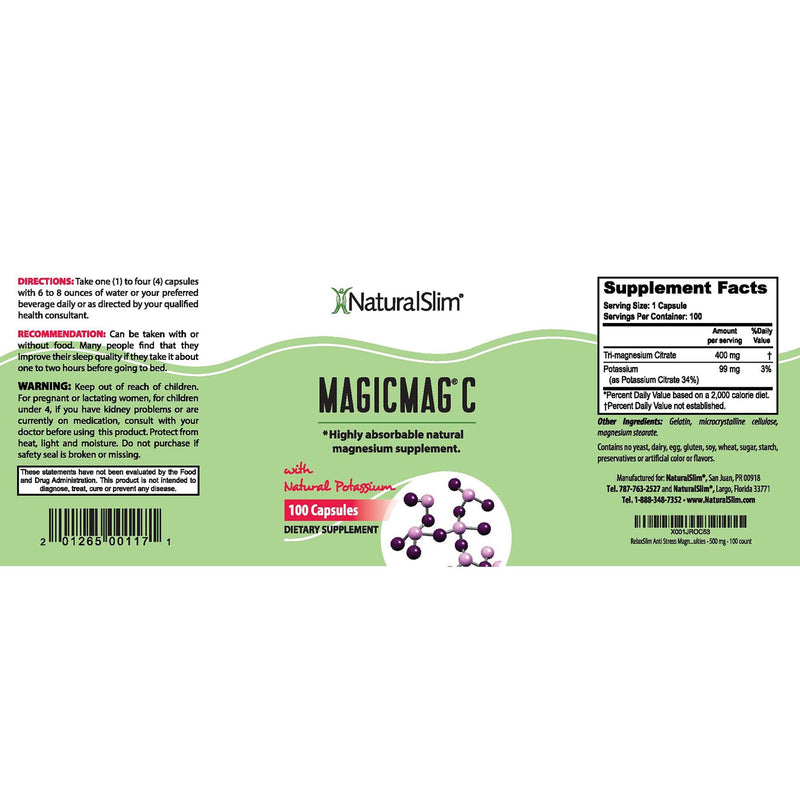 NaturalSlim MagicMag C Magnesium Citrate Capsules, 400 mg – Magnesium Supplement with Natural Potassium | Sleep Support, Heart Health, and Muscle Cramp Relief | Gluten-Free, 100 Capsules (1 Pack) 100 Count (Pack of 1) - NewNest Australia