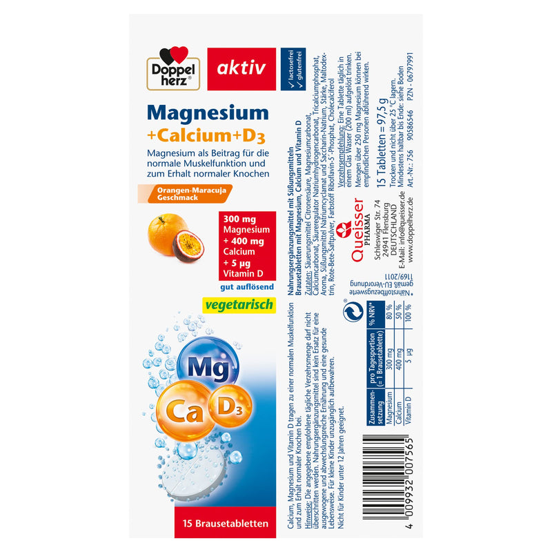 Doppelherz Magnesium + Calcium + D3 - as a contribution to normal muscle function and the maintenance of normal bones - 15 well-dissolving effervescent tablets with orange-passion fruit flavor 15 pieces (pack of 1) - NewNest Australia