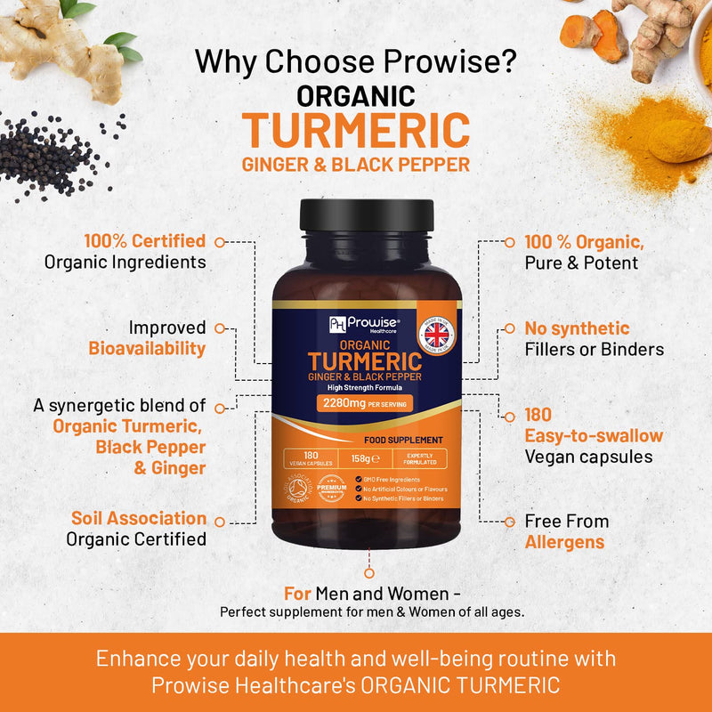 Organic Turmeric 2280 Mg (High Dose) With Black Pepper & Ginger - 180 Vegan Turmeric Capsules With The Active Ingredient Curcumin I Uk Made By Prowise Healthcare - NewNest Australia