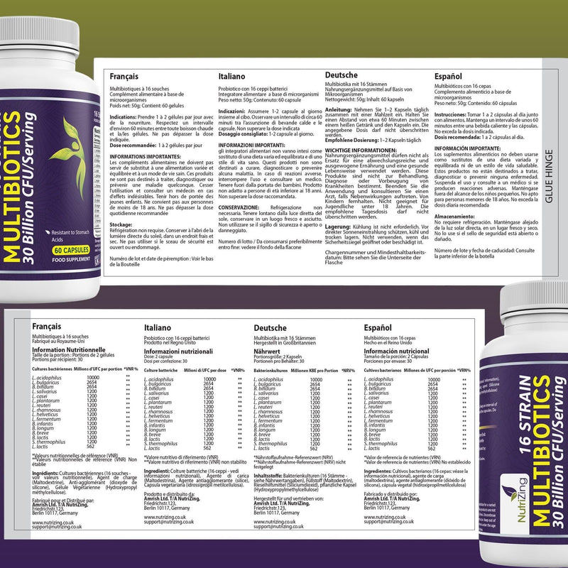 Culture complex of 16 intestinal bacteria + prebiotics - Vegan - Stomach acid-resistant capsules - Biotics with Lactobacillus, Bifidobacterium - Lactic acid bacteria from NutriZing - Award-winning product - NewNest Australia