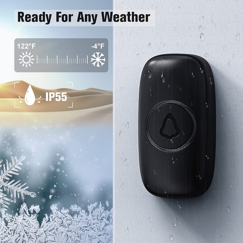 SECRUI Wireless Doorbell with 2 Buttons, Waterproof Mini Doorbell 1,000ft Range 110dB Mute Mode 58 Door Chimes & Colorful LED Flashing - Black - NewNest Australia