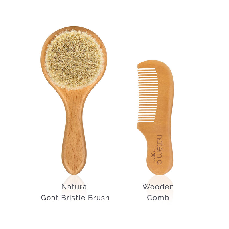 Natemia Wooden Baby Hair Brush and Comb Set for Newborns and Toddlers - Ideal for Cradle Cap Set of 2 - NewNest Australia