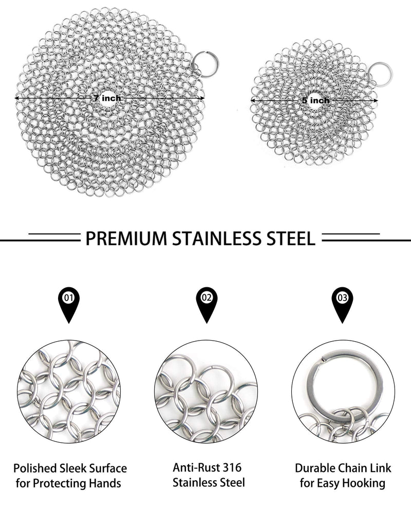 ONEEKK Cast Iron Skillet Cleaner Chainmail,2 Pack Premium Stainless Steel Chain Maille Scrubber for Cast Iron Pans,Stainless Steel,Glassware(7IN &5IN Round) - NewNest Australia