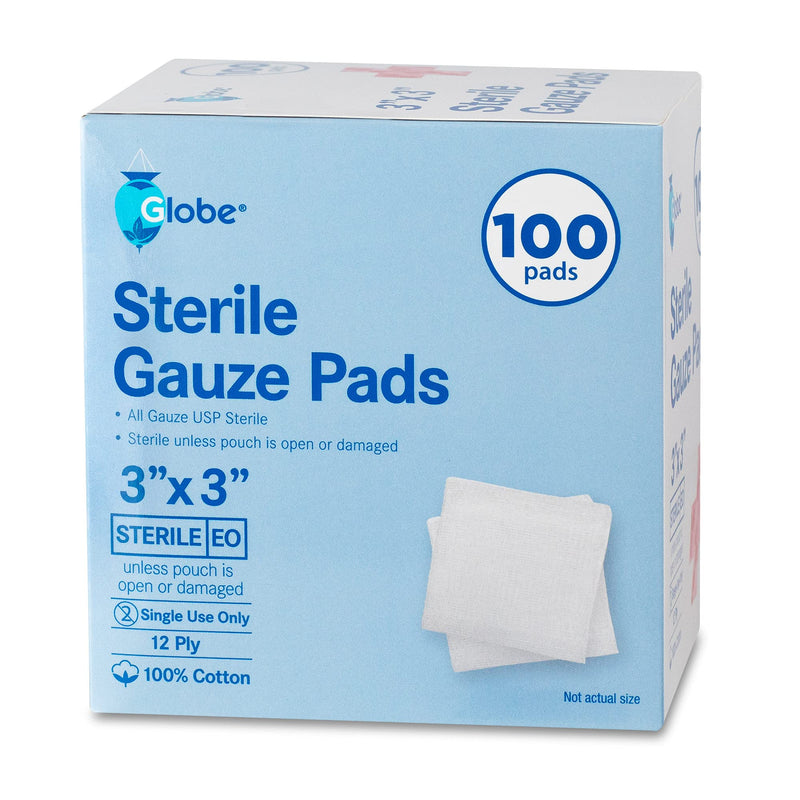 Globe 3’’ x 3’’ Advanced Sterile Gauze Pads for Wound Dressing| 100-Pack, Individually Packed | 12-Ply Cotton & Highly Absorbent| Gauze Sponge-Pads for Wound Care & Home First Aid Kits (3 x 3) - NewNest Australia