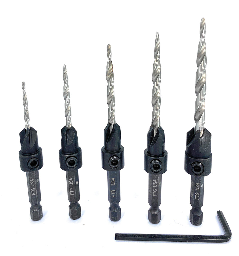 FTG USA Maximum Torque - Adjustable Wood Countersink Drill Bit Set #4, 6, 8, 10, 12 with Woodworking HSS Tapered Bits Secured with Pin and Hex Wrench (1/8" Allen Key) (Without Depth Stop Collar) without Depth Stop Collars - NewNest Australia