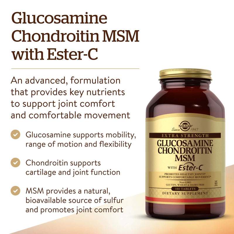 Solgar Extra Strength Glucosamine Chondroitin MSM w/ Ester-C, 180 Tablets - Promotes Healthy Joints, Supports Comfortable Movement & Collagen Formation - Non-GMO, Gluten Free, Dairy Free - 60 Servings - NewNest Australia