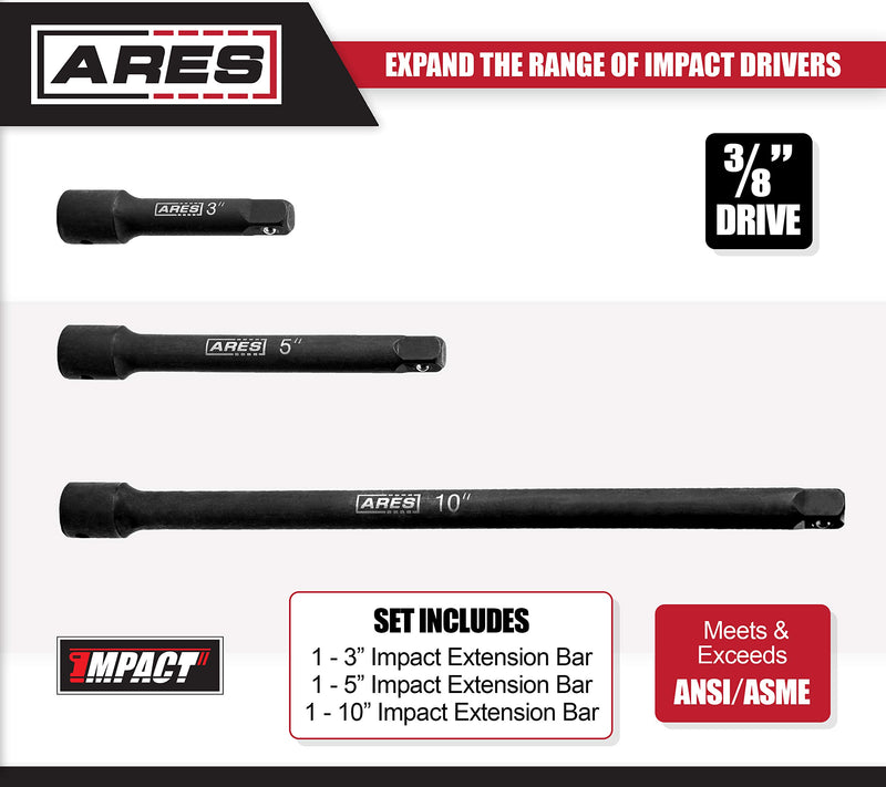 ARES 70032 - 3/8-Inch Drive Impact Extension Bar Set - 3-Inch, 5-Inch, and 10-Inch Laser Etched Socket Extensions Expand the Range of Impact Drivers 3/8" Drive - NewNest Australia