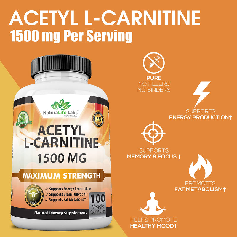 Acetyl L-Carnitine 1,500 mg High Potency Supports Natural Energy Production, Supports Memory/Focus - 100 Veggie Capsules - NewNest Australia