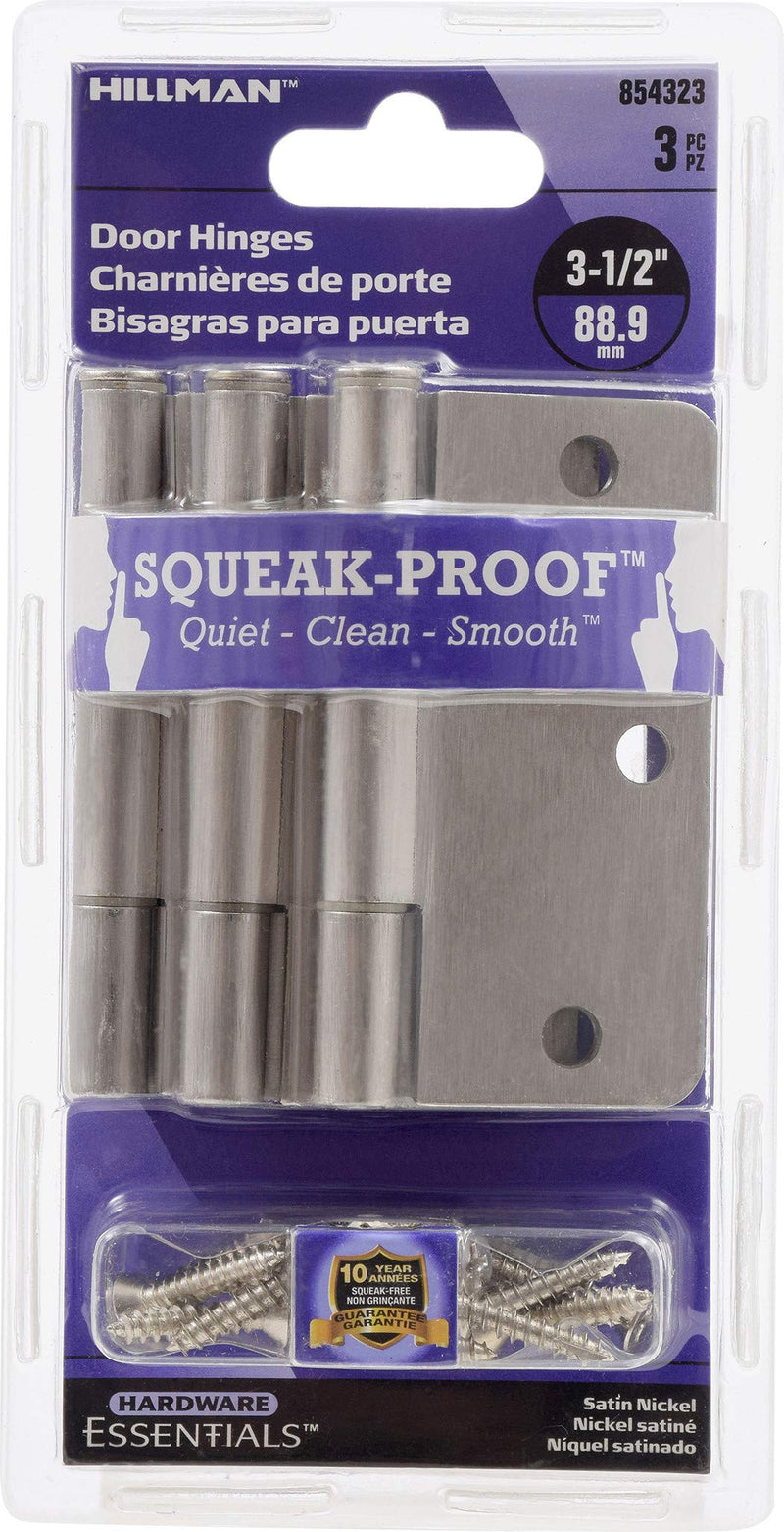 Hardware Essentials 854323 Smooth Corner Squeak-Proof Door Hinges, 3-1/2 inch, 3-1/2", Satin Nickel, 3 Pieces - NewNest Australia