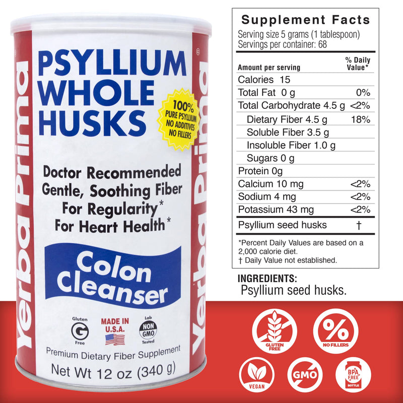 Yerba Prima Psyllium Husk, 12 Ounce - Colon Cleansing Fiber Supplement, for Heart Health, Natural Support for Gut Health, Vegan, No Sugar or Artificial Sweeteners, Non GMO, Gluten Free - NewNest Australia