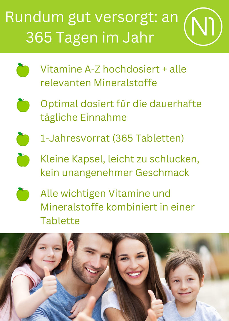 N1 Multivitamin Tablets High Dose - All Vitamins + Minerals - 365 Tablets 1 Year Supply - Dietary Supplement - Vitamin Tablets / Supplements - Vegetarian, Lactose-Free & Gluten Free - NewNest Australia
