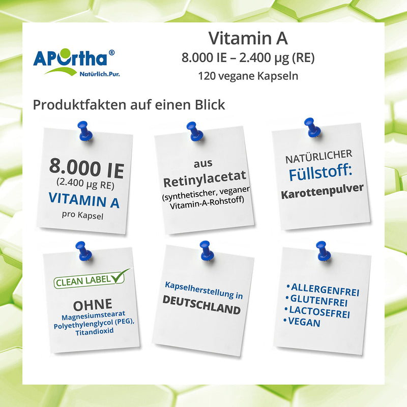 APOrtha® - Vitamin A 8,000 IU (2,400 µg) - 120 vegan capsules, high dosage and easy to swallow, made from retinyl acetate, allergen-free, vegan, gluten-free - NewNest Australia