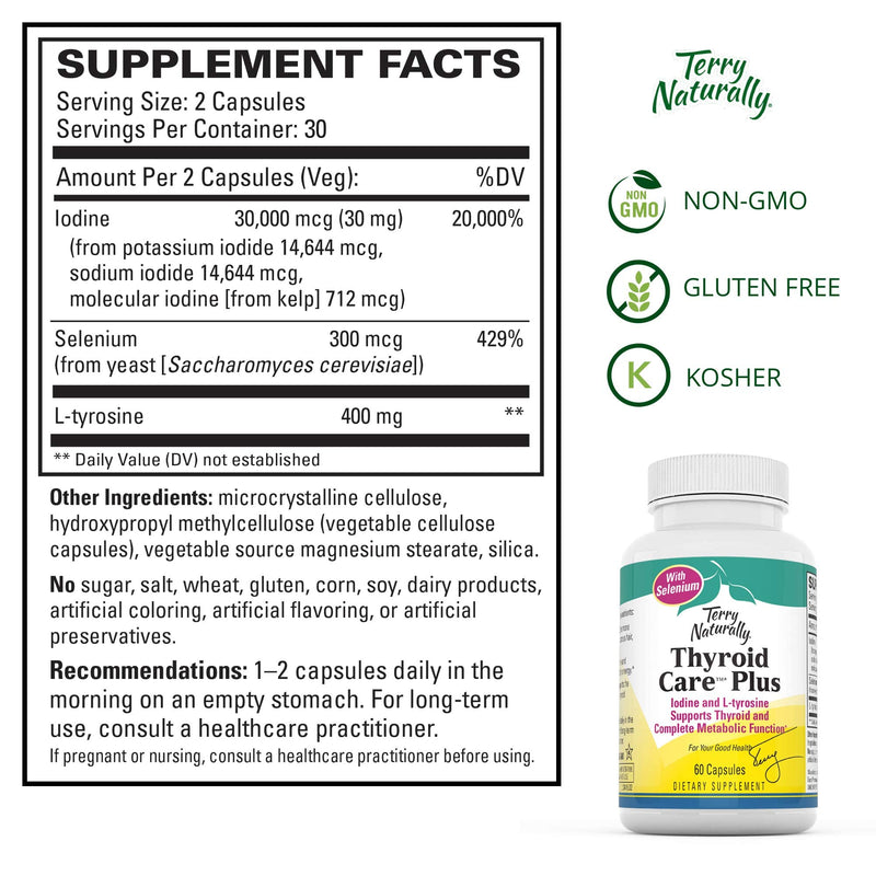 Terry Naturally Thyroid Care Plus - Iodine + L-Tyrosine, 60 Capsules - Thyroid Support Supplement with Selenium, Promotes Energy & Metabolism - Non-GMO, Gluten-Free, Kosher - 30 Servings 60 Count (Pack of 1) - NewNest Australia