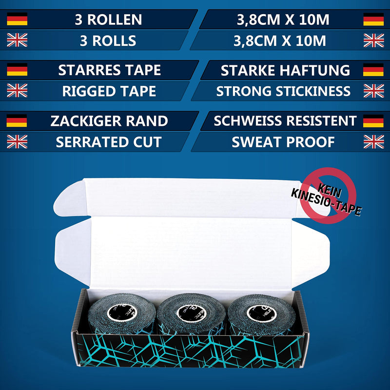 HELETIC sports tape 3.8cm x 10m Athlete Edition - inelastic rigid tape with extra strong adhesive power, easy to tear off and water-repellent Blue Matrix (3 rolls) - NewNest Australia